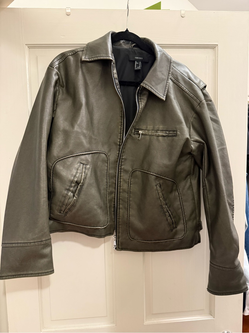 Forever 21 Olive Green Leather Jacket - Zip Front